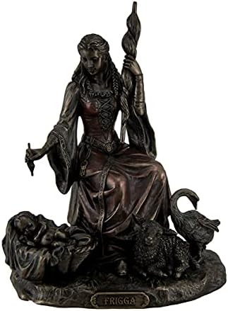 Smole Statue Frigga Nordijski Boginja Sudbina Ljubav I Brak M/Dijete Životinje & Vreteno 6 X 7.75 X 4.5 Cm Bronzanog